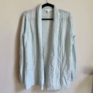 White and Warren Blue Cashmere Cable Knit Open Cardigan Sweater